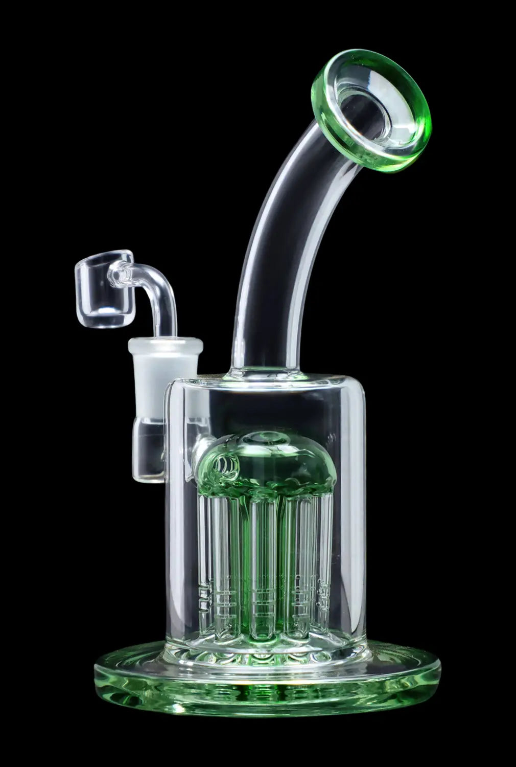 Green glass water pipe (rig) with multiple percolators, isolated on a black background.