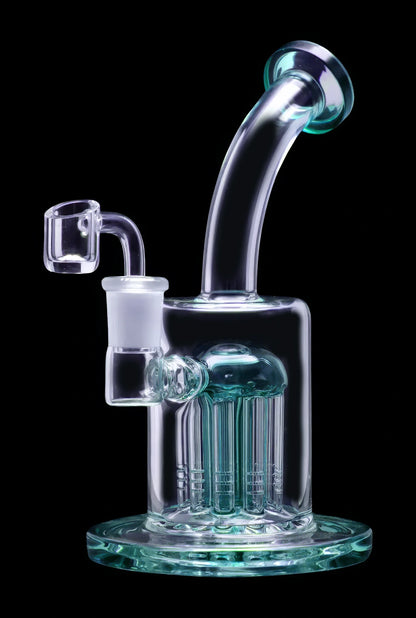 Blue glass dab rig with multiple perc diffusion for water filtration.