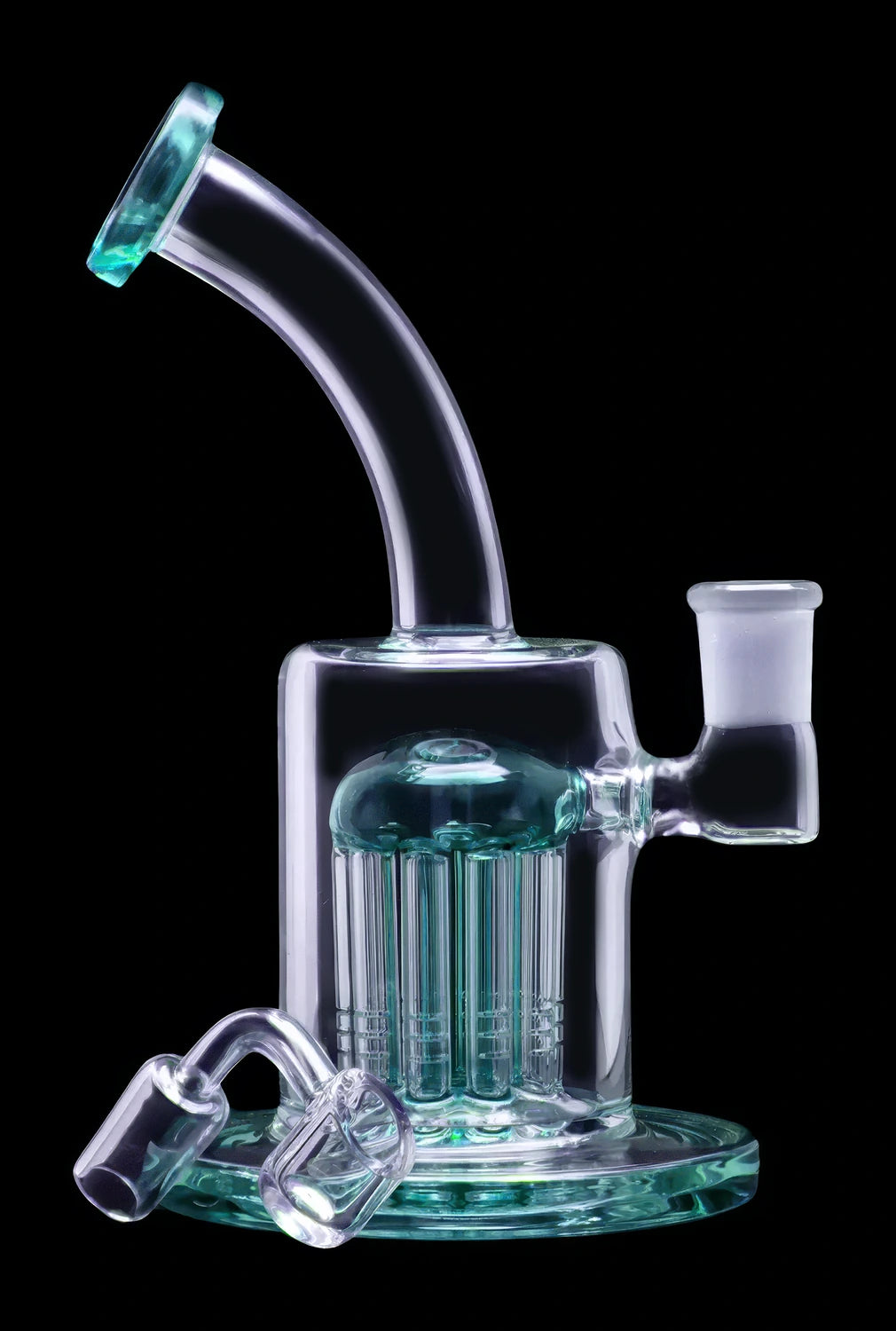 A turquoise glass water pipe (rig) with multiple diffusion stems and accompanying quartz banger and carb cap, isolated on a black background.