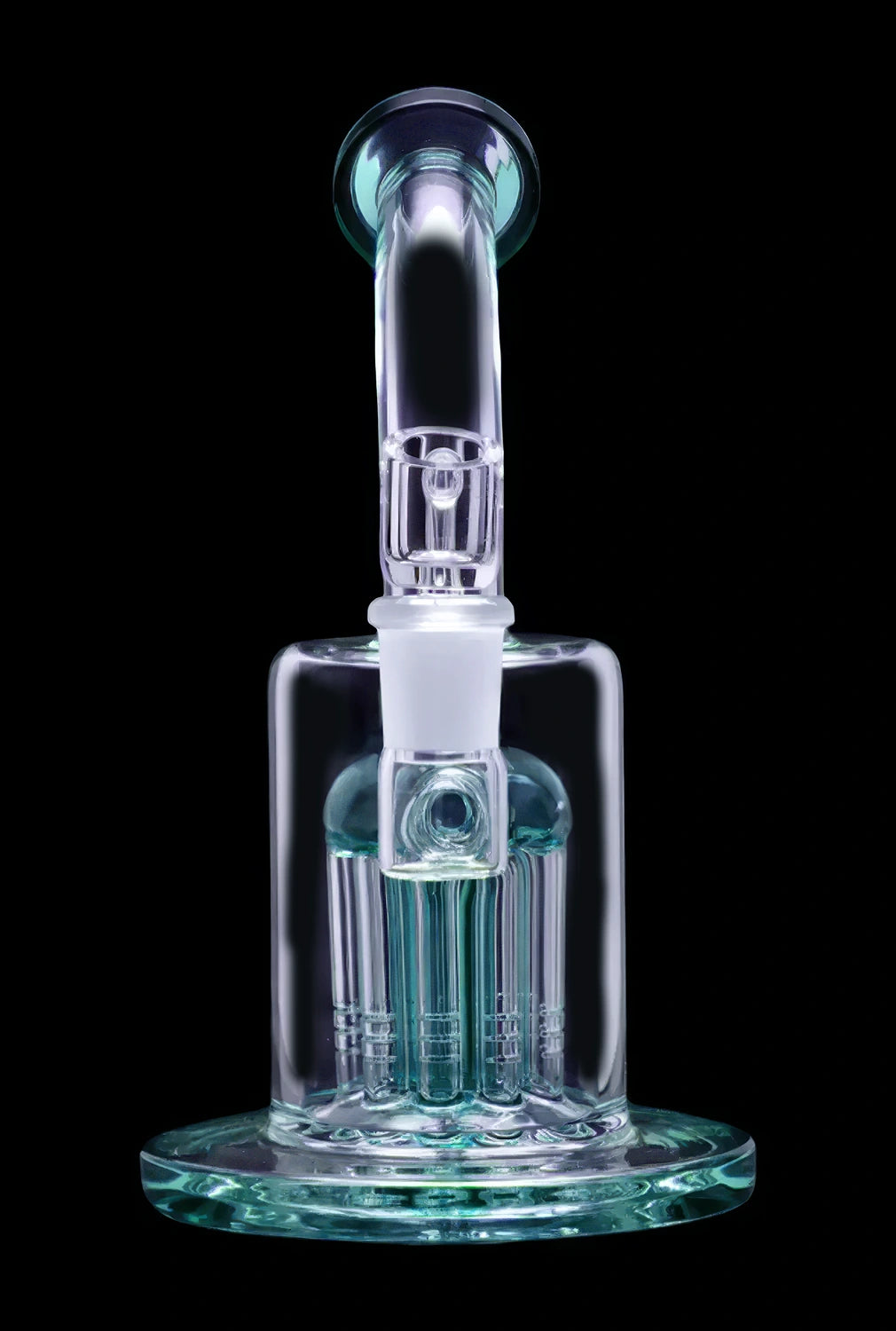 Glass bubbler water pipe with multiple diffusion stems, illuminated in blue against a black background.