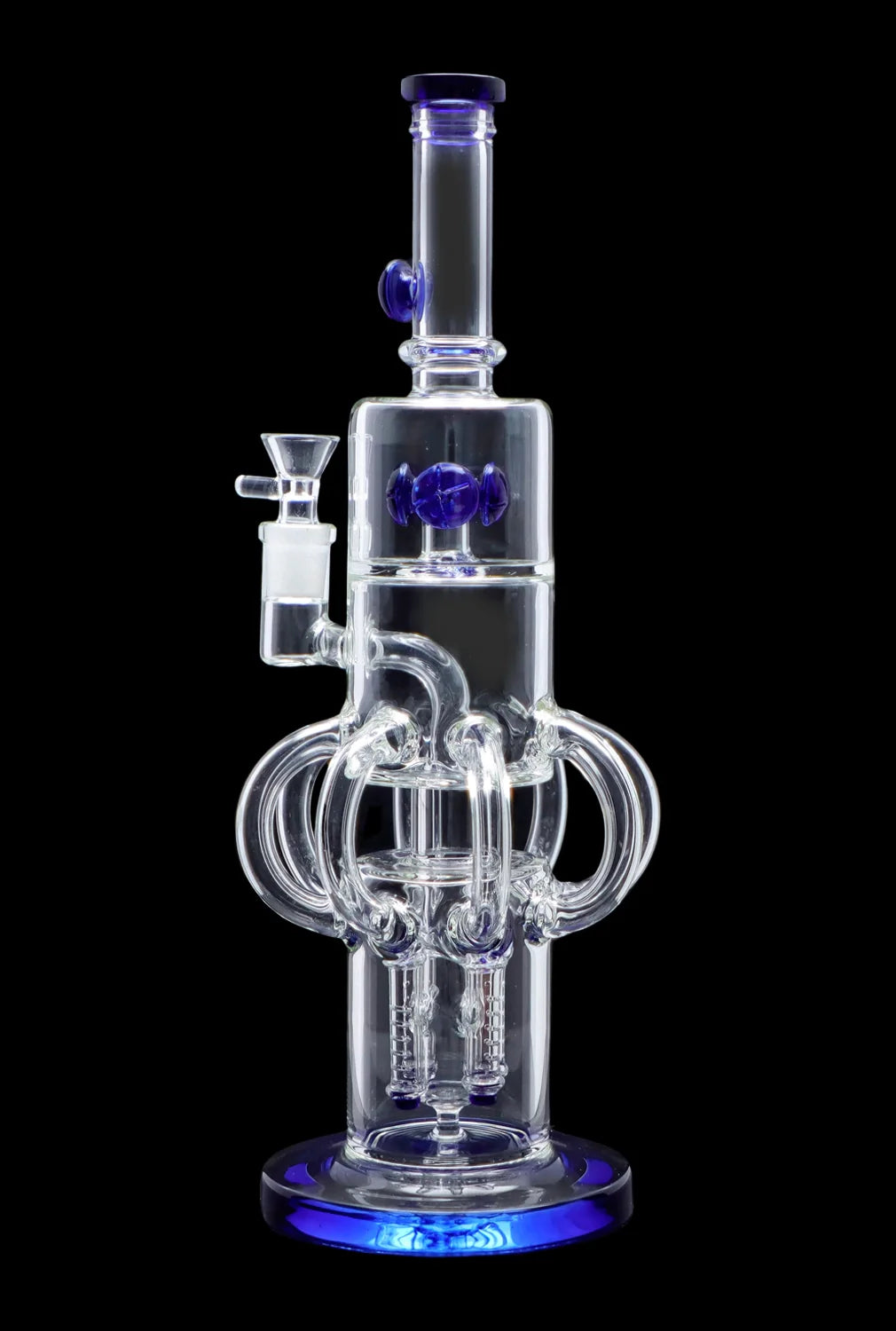 Clear glass water pipe (bong) with intricate looping design and blue accents, isolated on a black background.