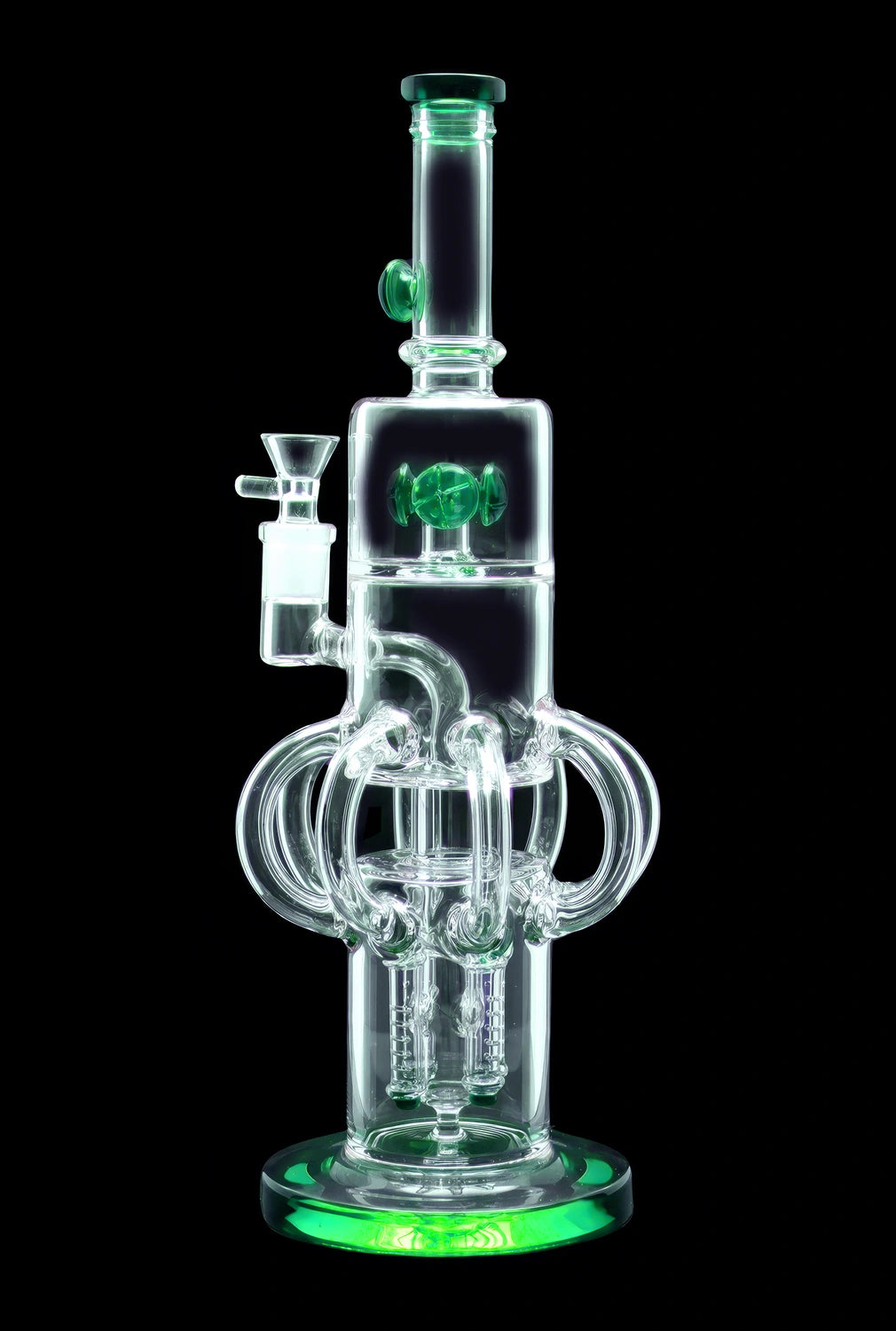 Green glass water pipe (bong) with intricate bubbler design.