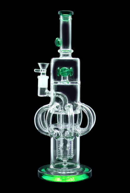 Green glass water pipe (bong) with intricate bubbler design.