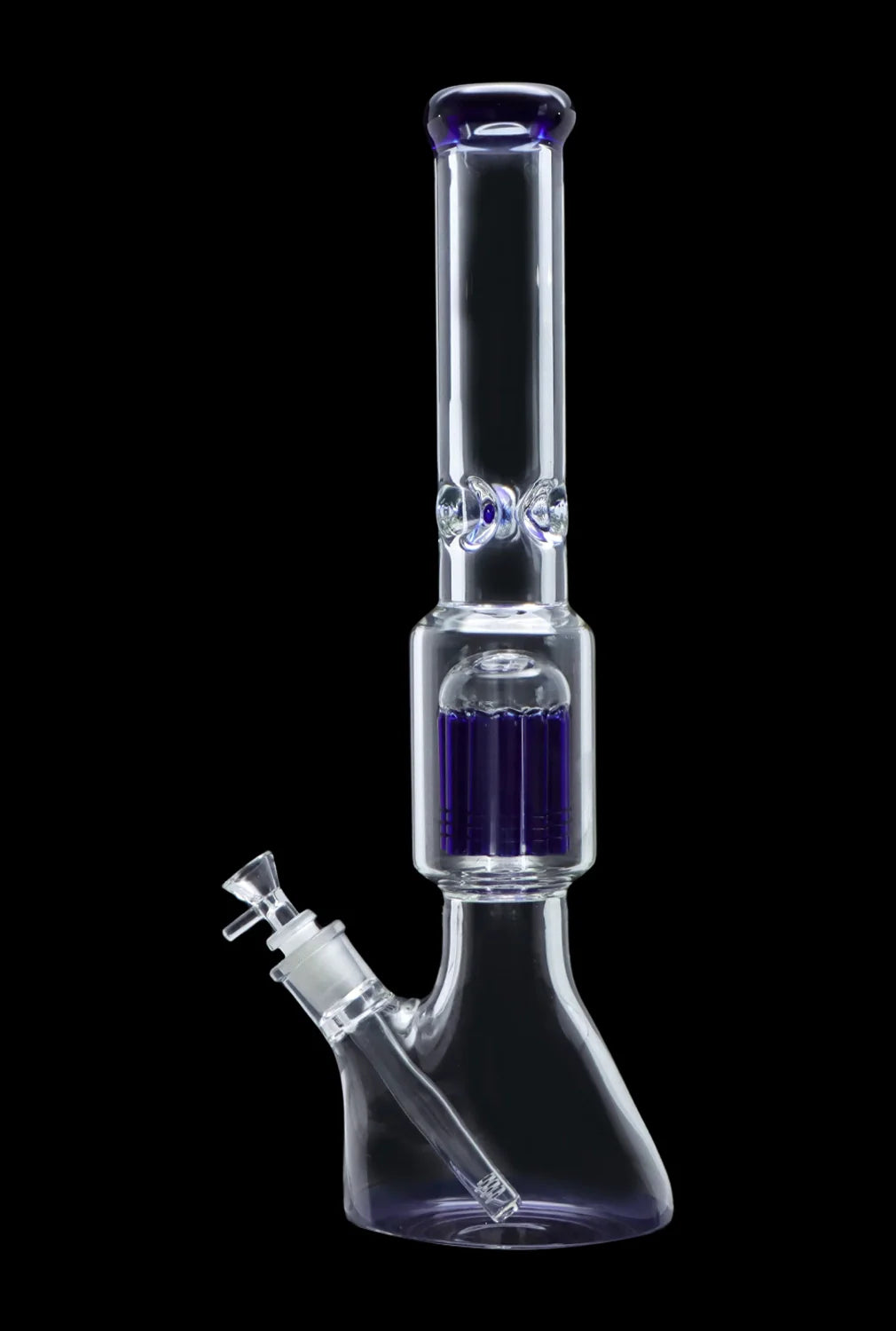 Glass bong with blue accents and a removable bowl.