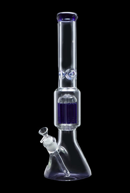 Clear glass water pipe (bong) with blue accents and a glass bowl, isolated on a black background.