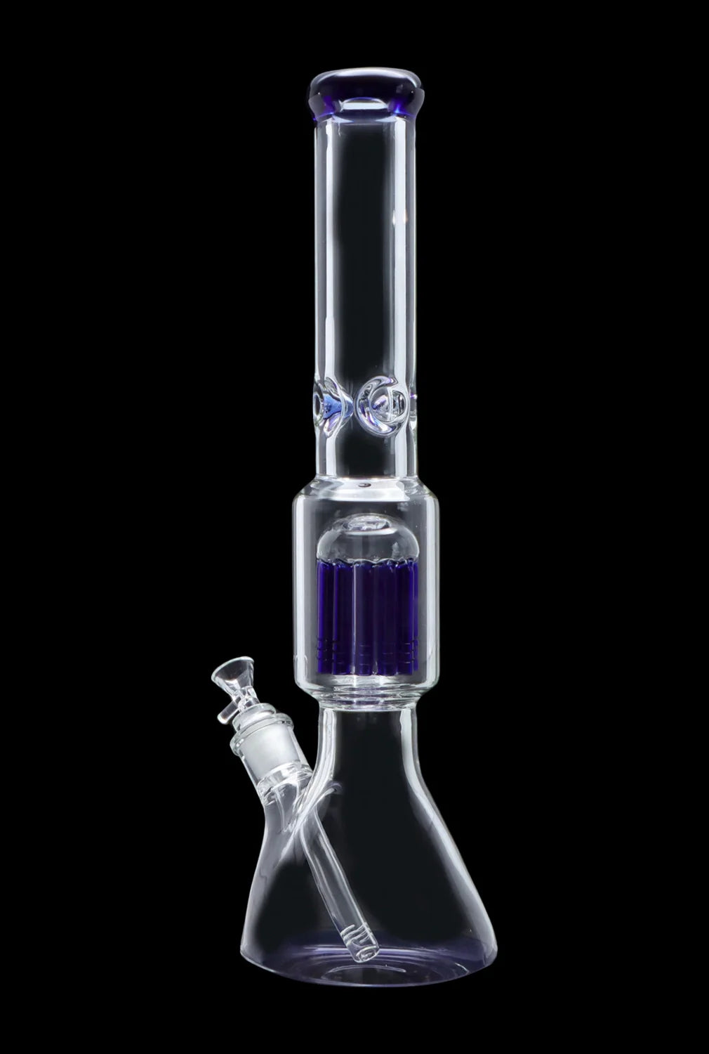 Clear glass bong with purple accents, studio shot.