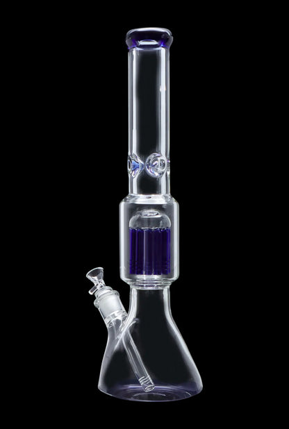 Clear glass bong with purple accents, studio shot.