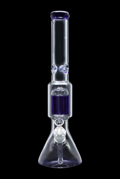 Clear glass bong with blue accents, isolated on a black background.