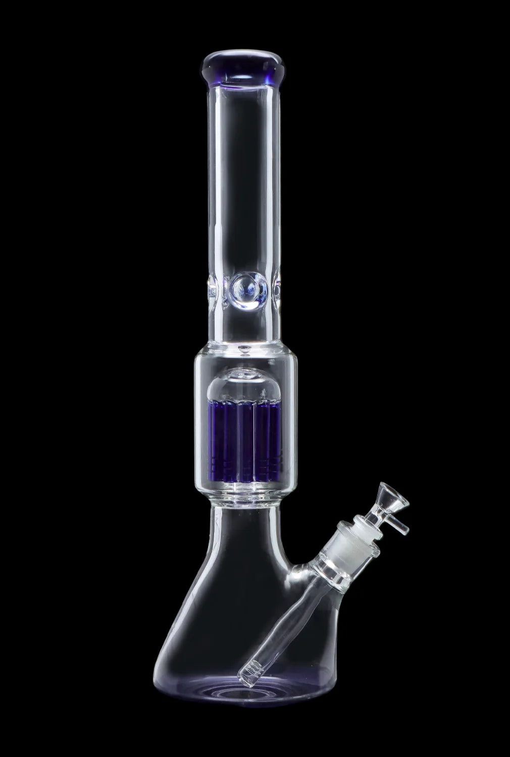 Glass bong with blue accents against a black background.