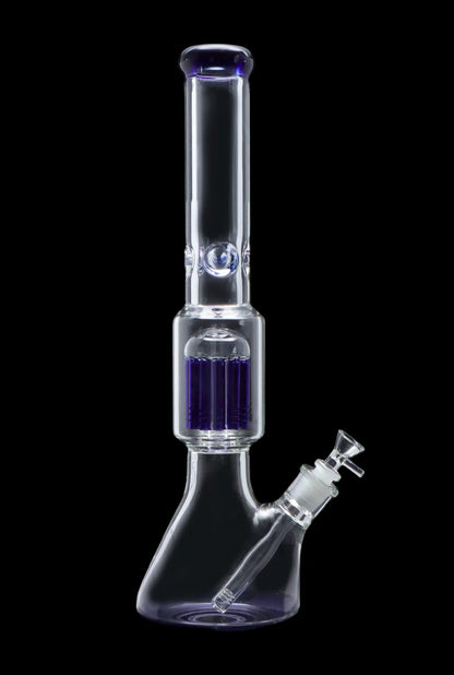 Glass bong with blue accents against a black background.