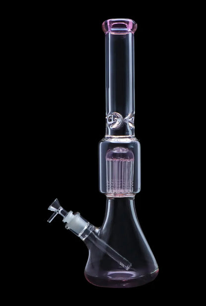 Clear glass water pipe (bong) with a diffused downstem and pink accents, isolated on a black background.