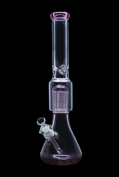 Clear glass bong with pink accents and a multi-hole percolator, isolated on a black background.