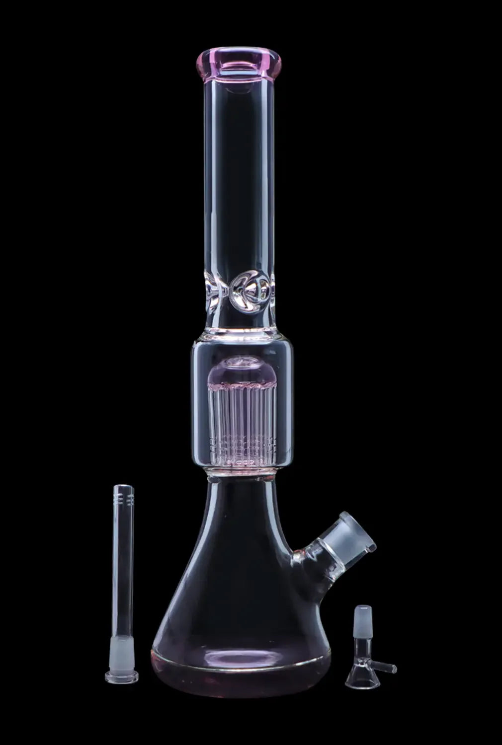 Glass water pipe (bong) with diffusion stem and accessories, isolated on black.