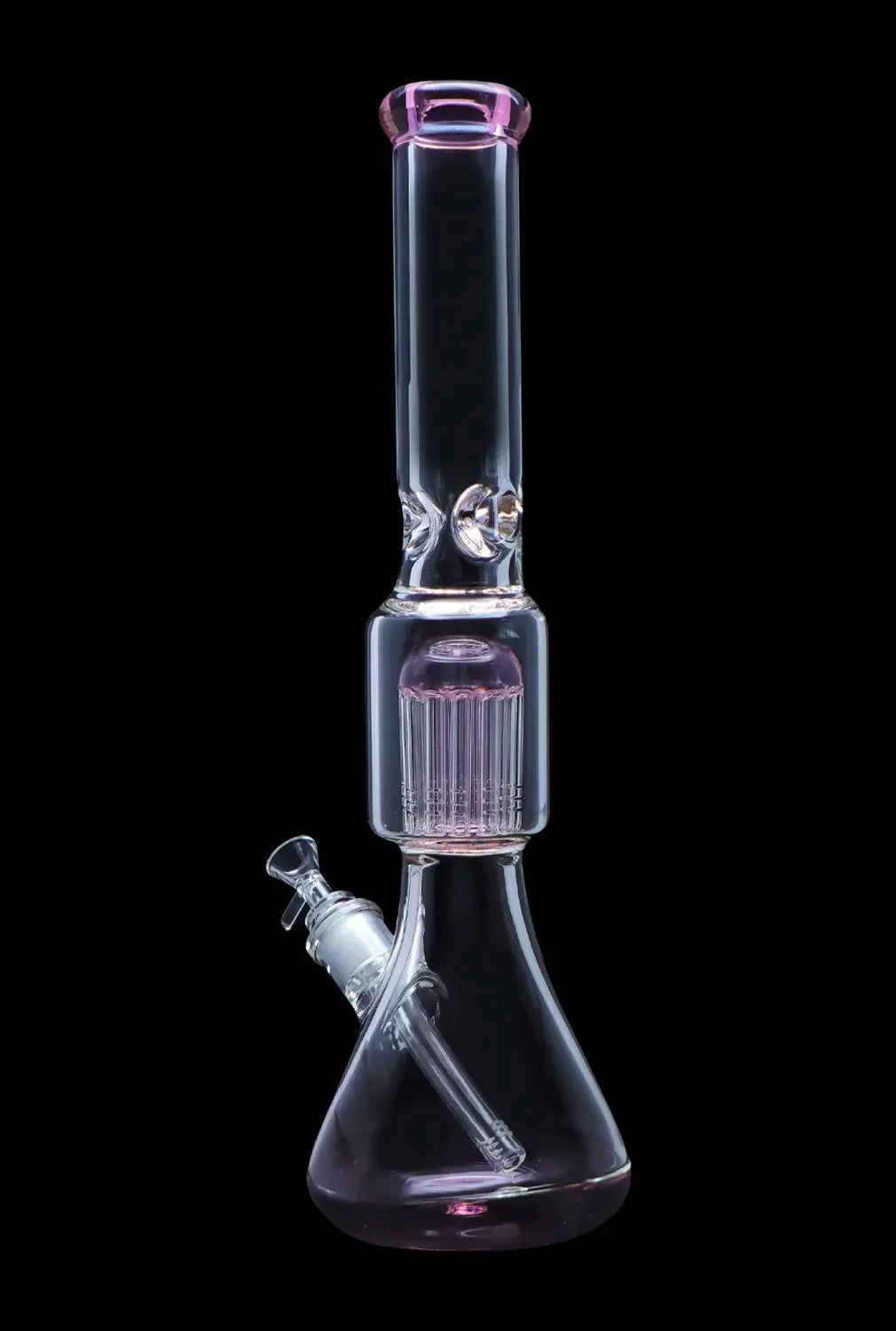 Clear glass bong with pink accents and multiple diffusion chambers against a black background.
