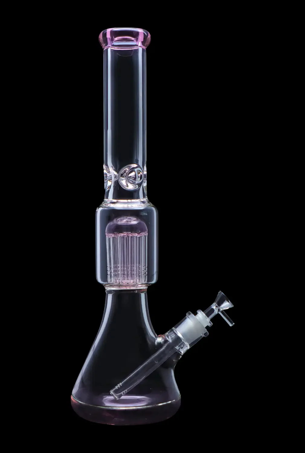 Clear glass water pipe (bong) with a diffusion perc filter, isolated on a black background.