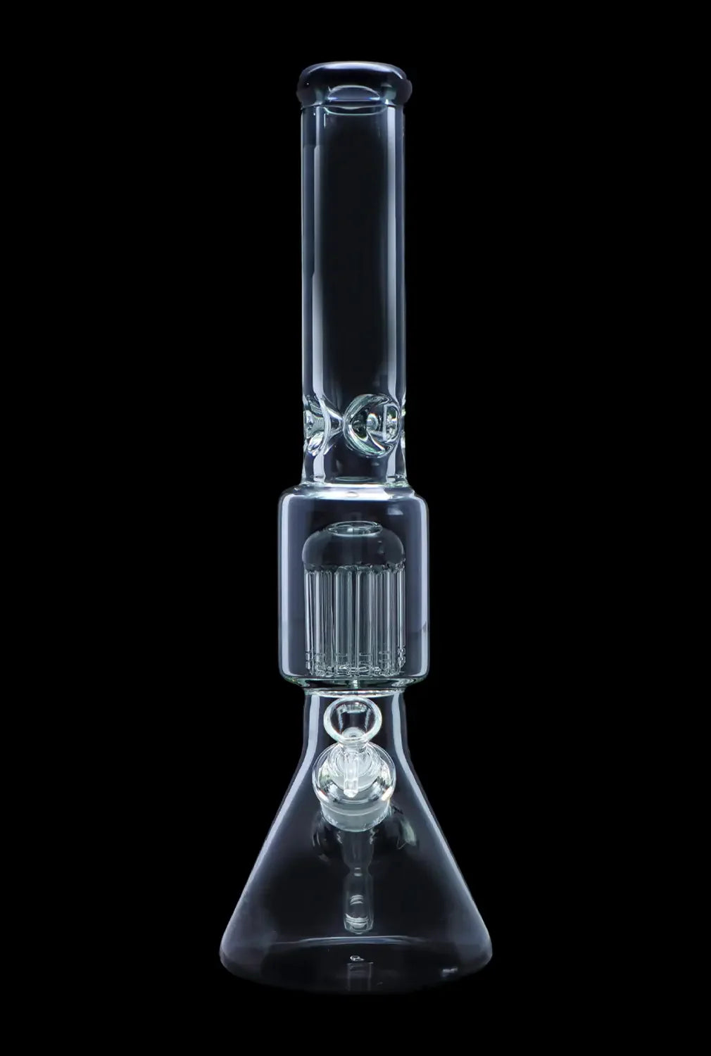 Clear glass water pipe (bong) with multiple perc diffusion chambers, isolated on a black background.