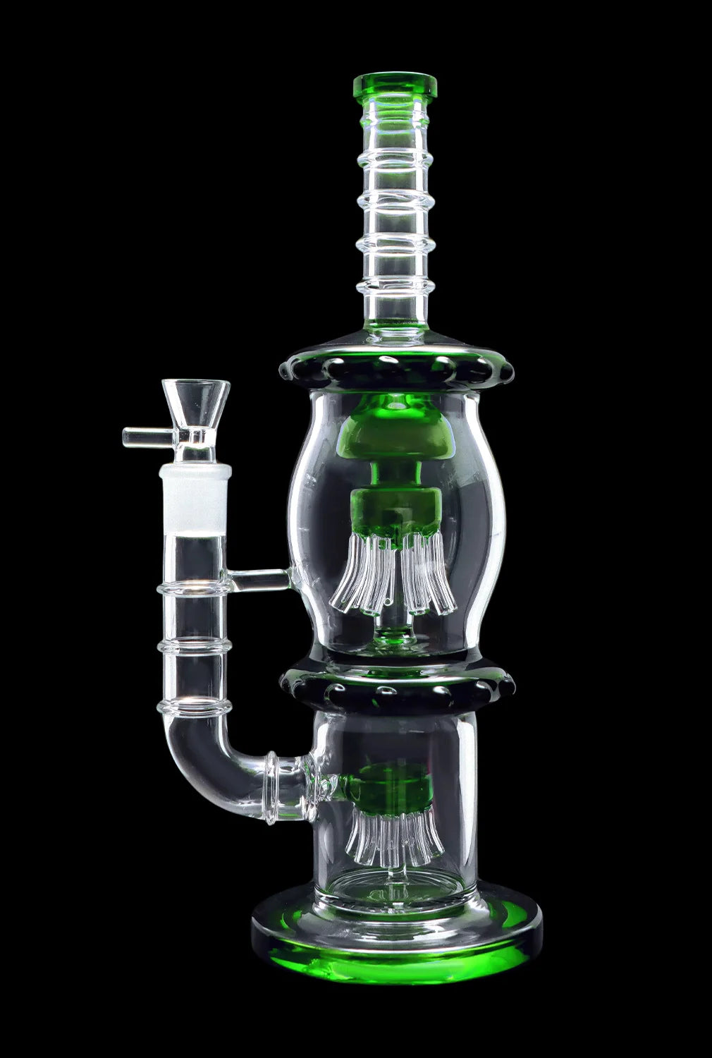 Green and clear glass water pipe (bong) with intricate percolators.