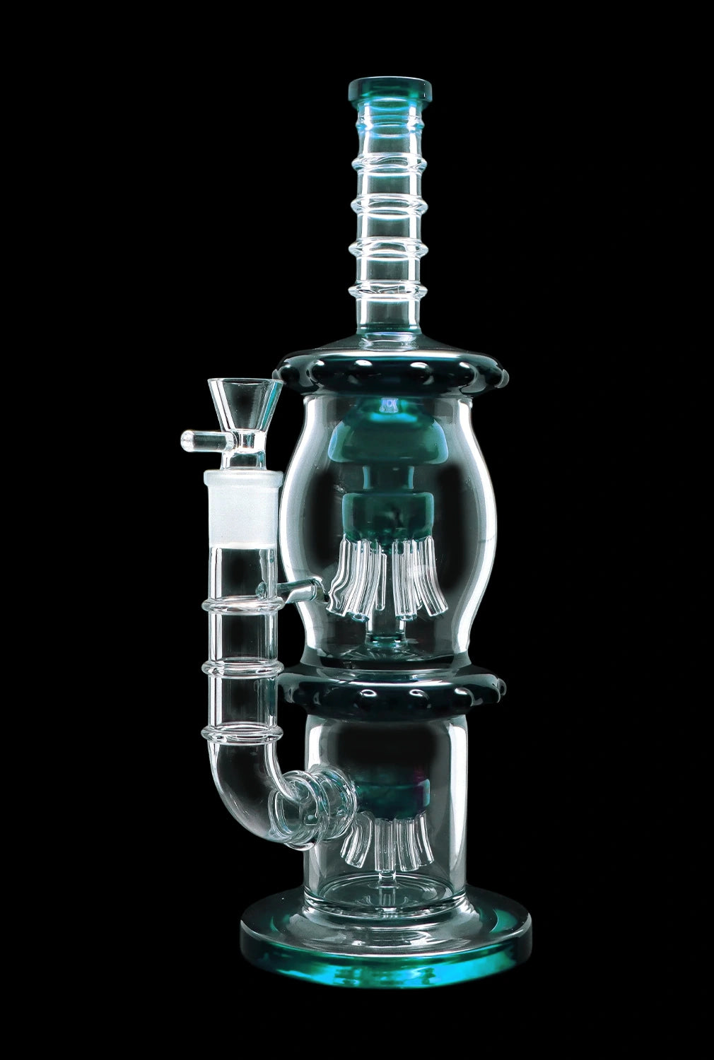 A studio shot of the 13.5-inch Smoke Cartel Straight Tube with Dual Octopus Perc, showing its clear glass construction and intricate perc design.