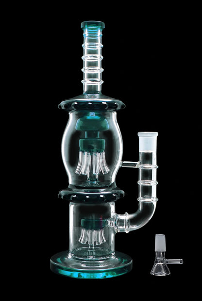 A studio shot of the 13.5-inch Smoke Cartel Straight Tube with Dual Octopus Perc, showcasing the clear glass and intricate percolator design.