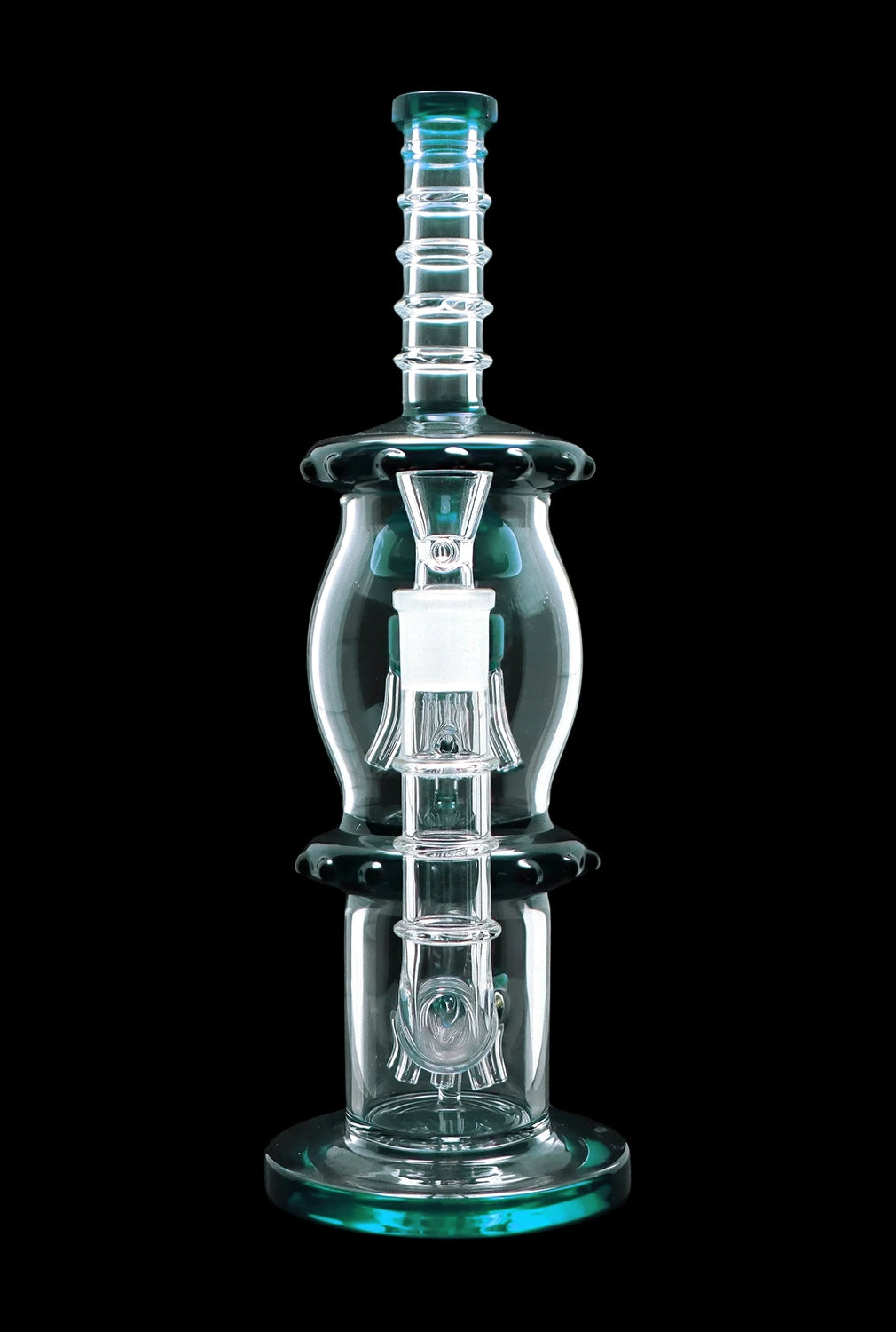 Front view of the 13.5-inch Smoke Cartel Straight Tube bong with Dual Octopus Perc, showcasing its clear glass construction and unique bubbler design.