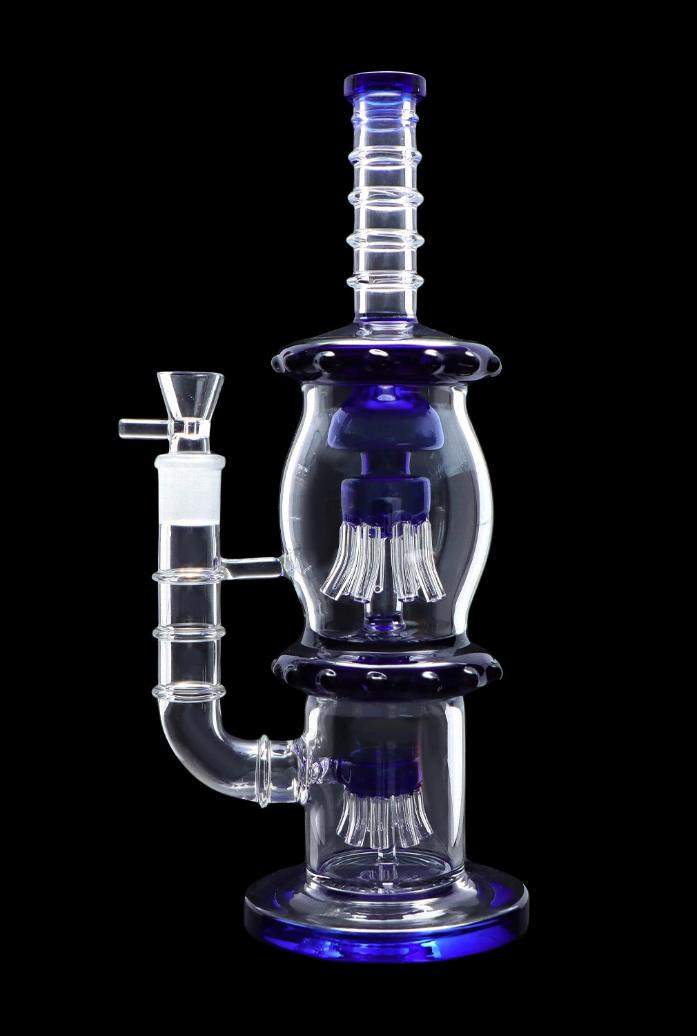Blue and clear glass water pipe (bong) with multiple diffusion chambers against a black background.