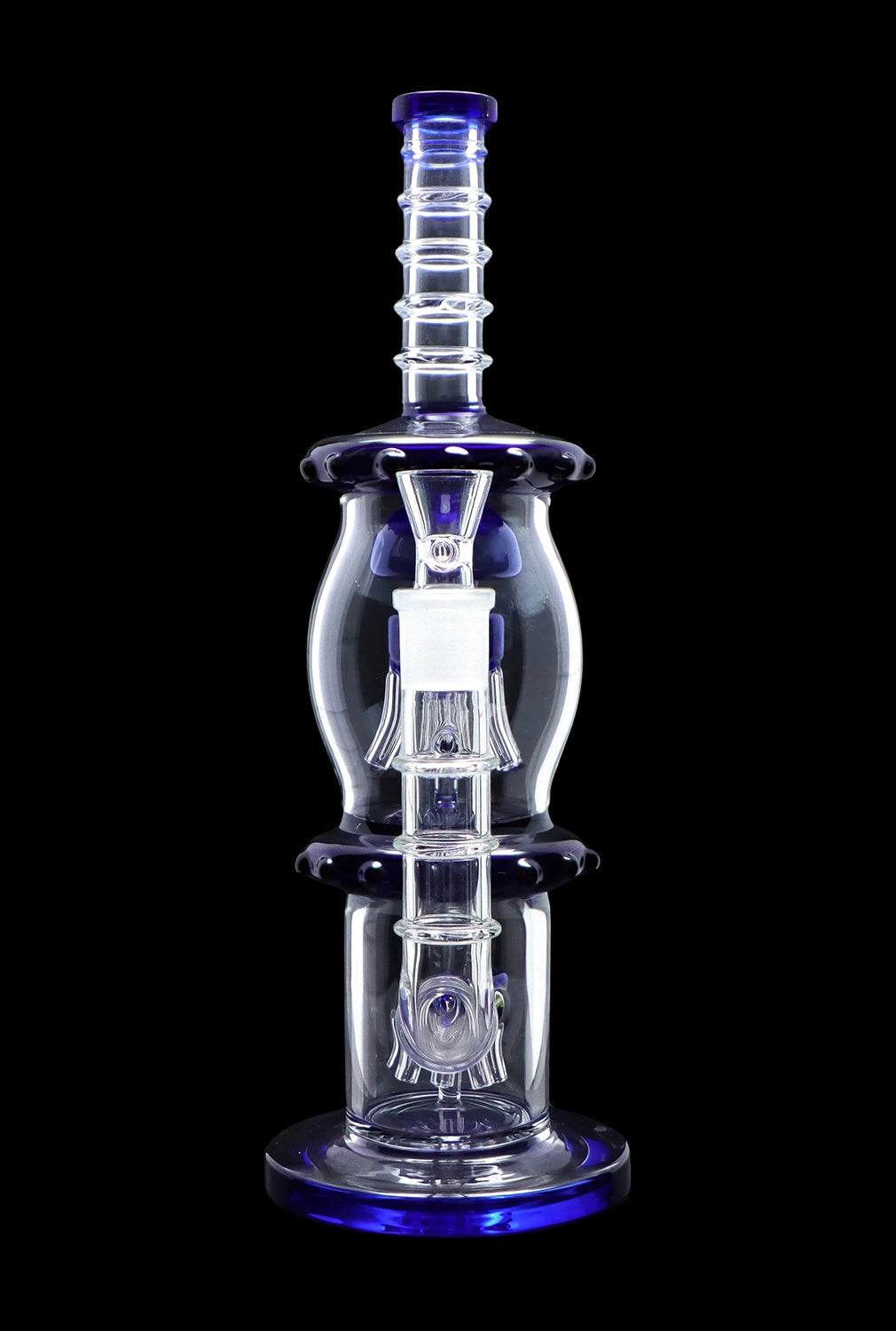 Blue glass water pipe (rig) with intricate percolators, isolated on a black background.