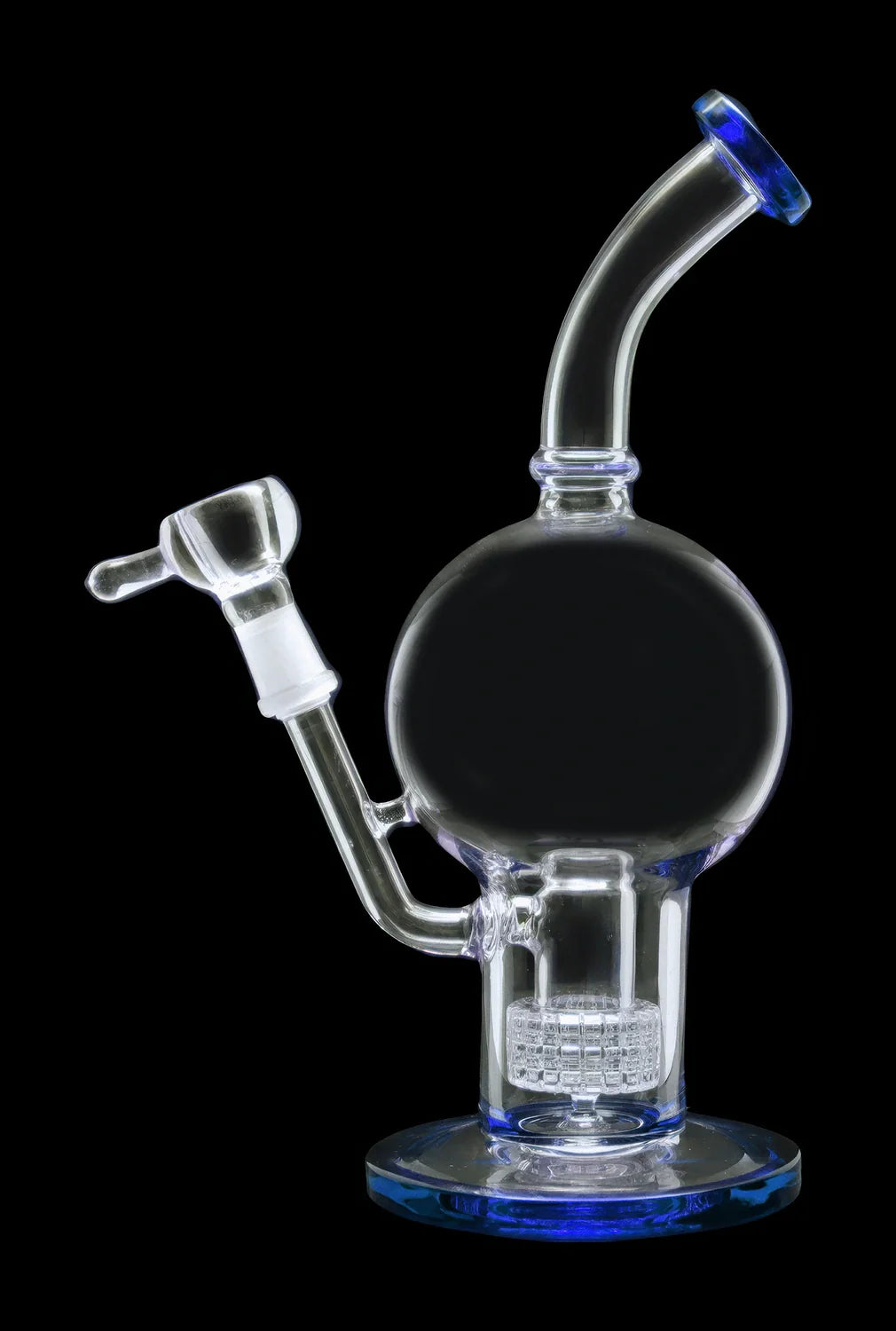 Glass water pipe with blue accents, also known as a bubbler or rig.