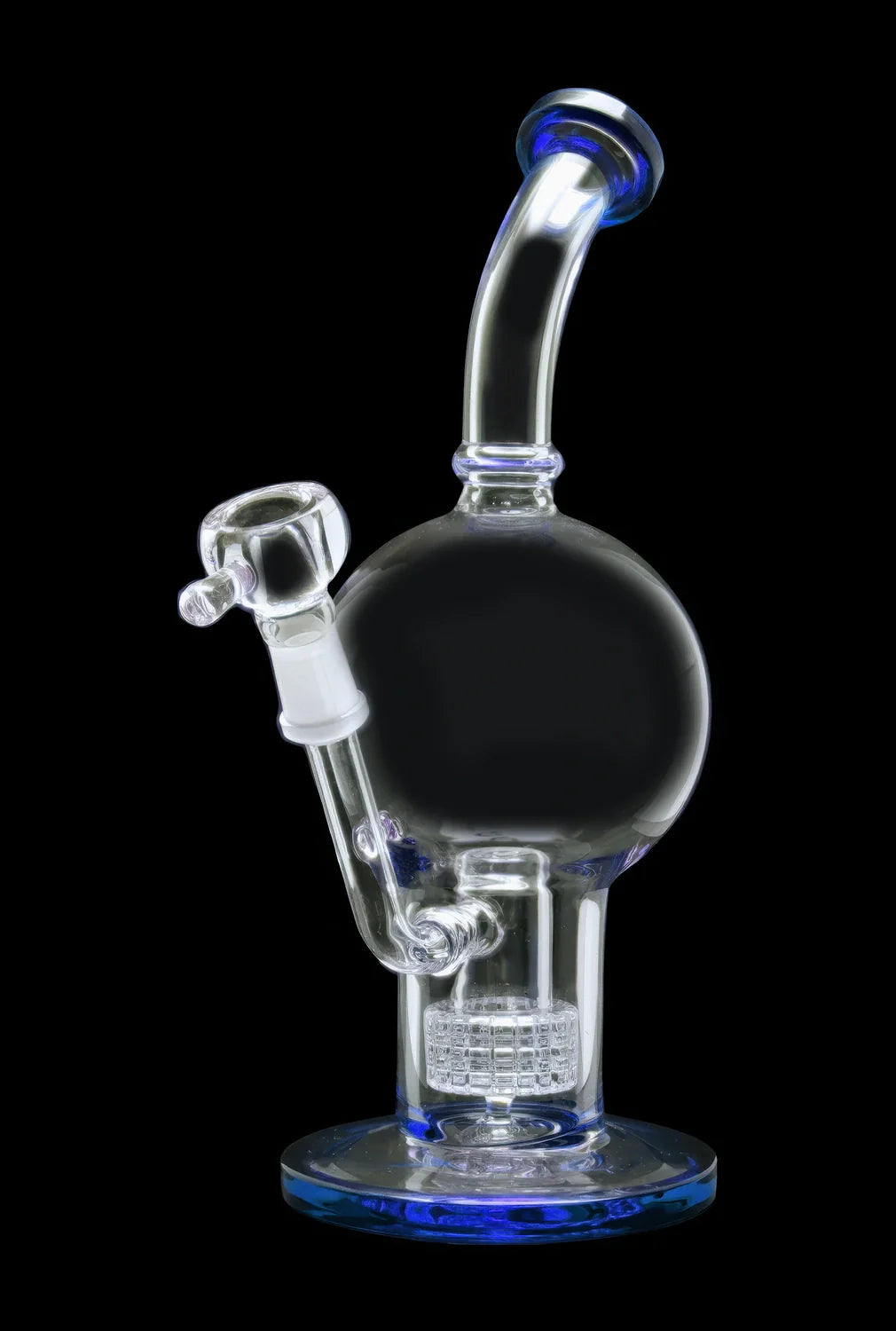 Clear glass bubbler water pipe with blue accents, studio shot on black background.