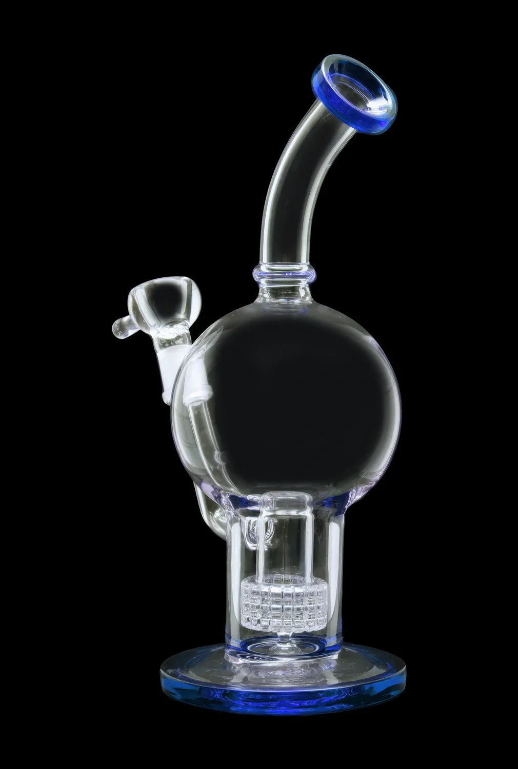 Clear glass water pipe (bong) with blue accents, featuring a percolator base and curved mouthpiece.
