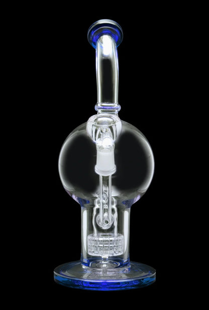 Clear glass water pipe (rig) with blue accents, isolated on a black background.