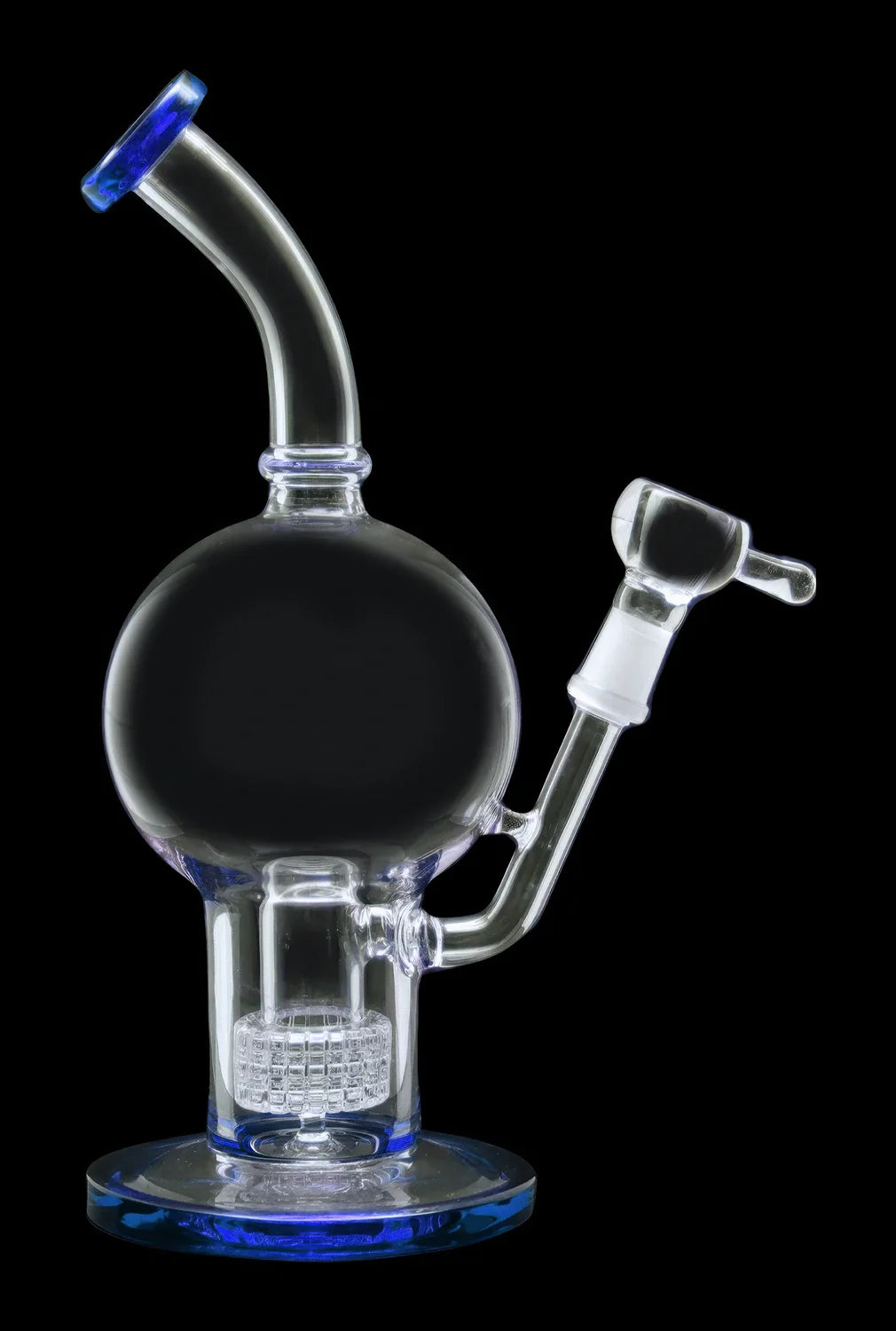 Clear glass bubbler water pipe with blue accents, featuring a perc diffuser and curved mouthpiece.