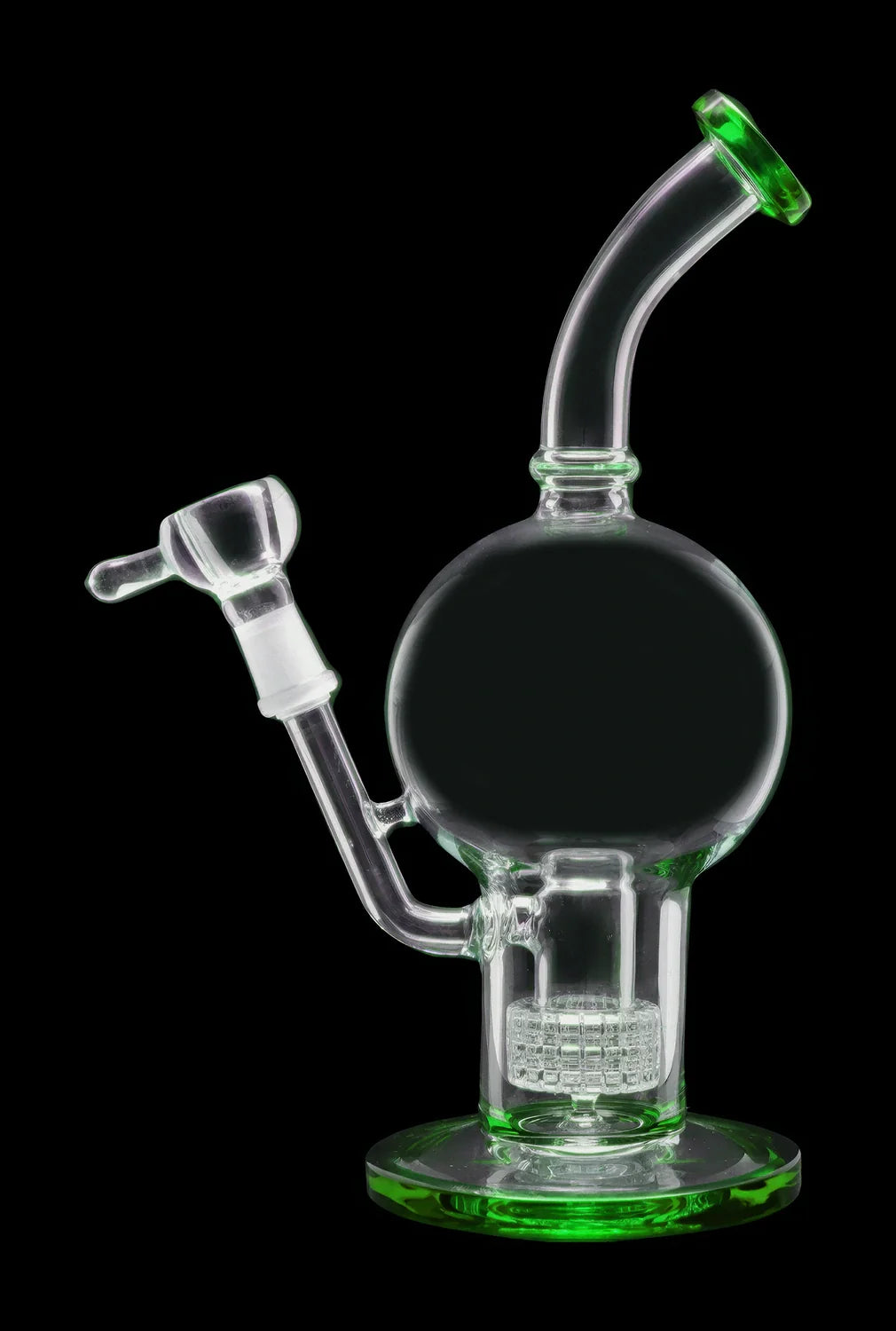 Green-accented glass water pipe (bong) with bubbler.