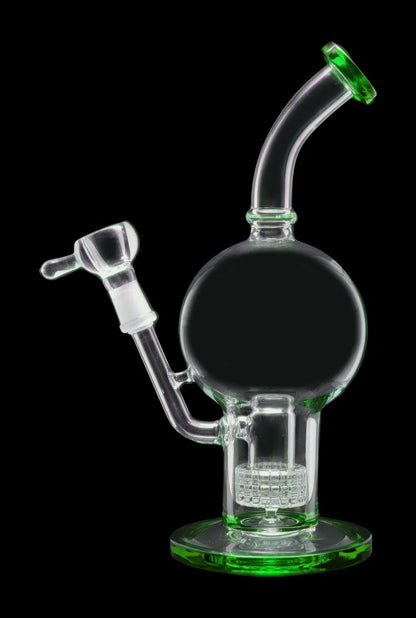 Green-accented glass water pipe (bong) with bubbler.