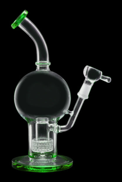 Green glass bubbler water pipe with intricate perc filtration.