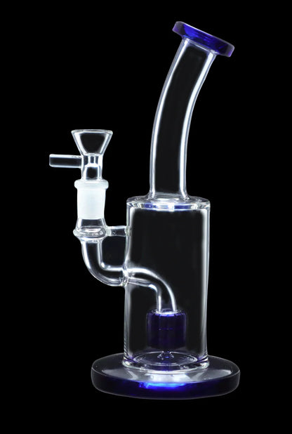 Glass water pipe (bong) with blue accents, isolated on black.