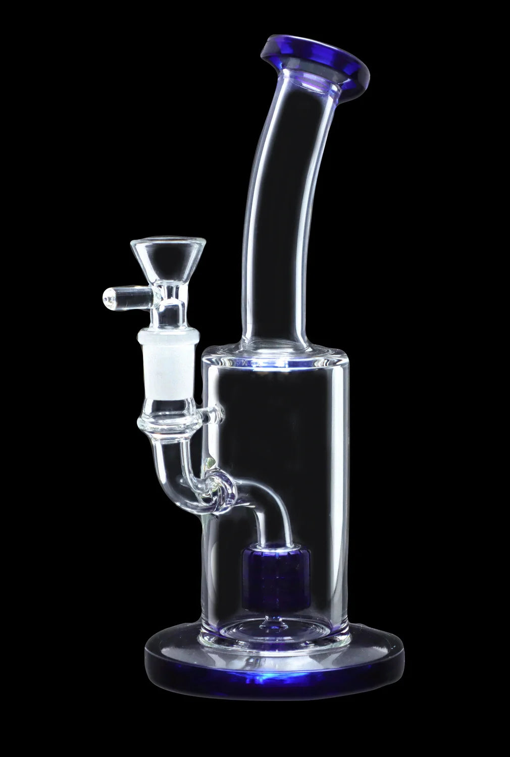 Clear glass water pipe (bong) with blue accents and a glass bowl, isolated on a black background.