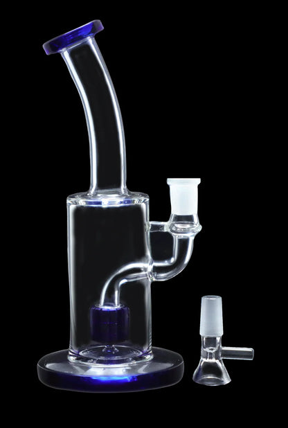 Clear glass bong with blue accents and a detachable downstem.