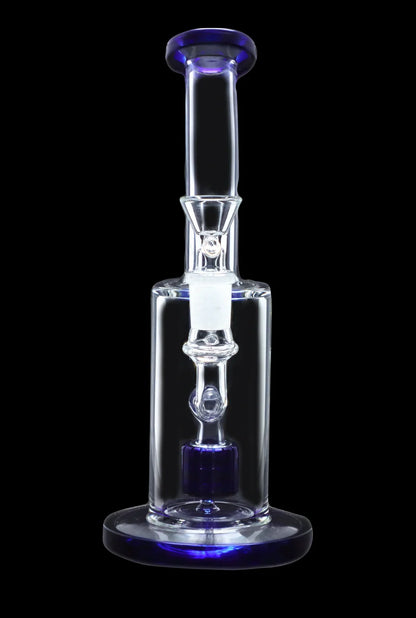 Clear glass water pipe (bong) with blue accents, isolated on a black background.