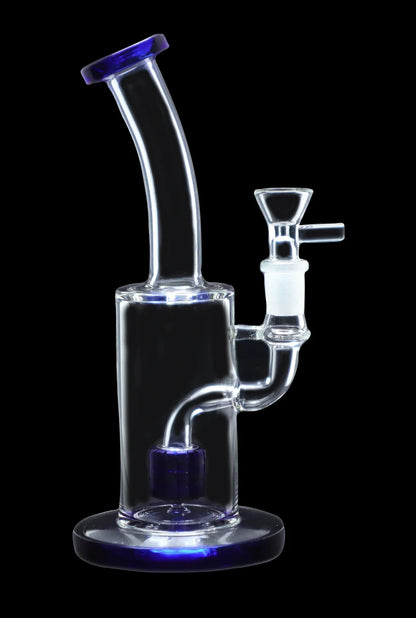 Clear glass water pipe (bong) with blue accents, isolated on a black background.