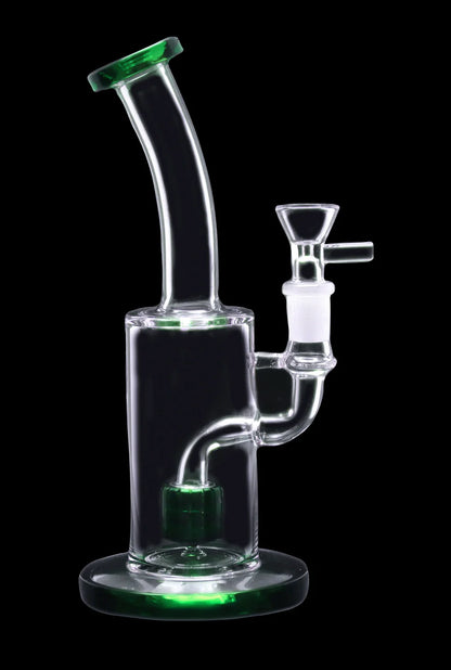 Clear glass water pipe (bong) with green accents, studio shot on black background.