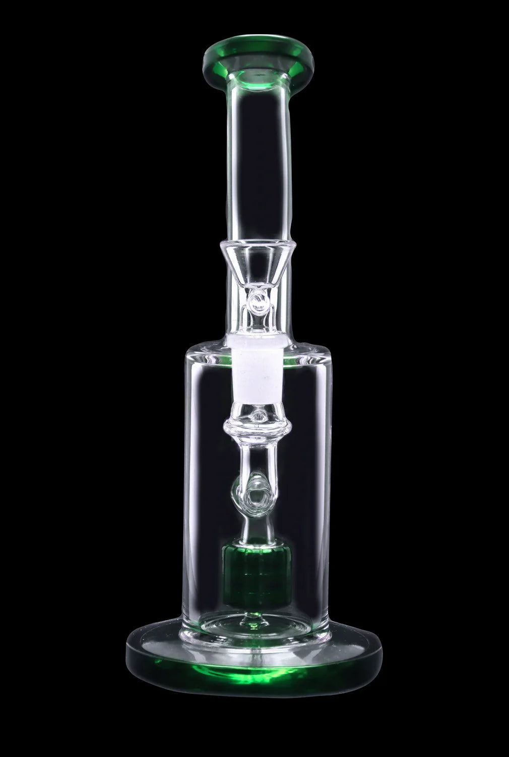 Green-accented glass dab rig against a black background.