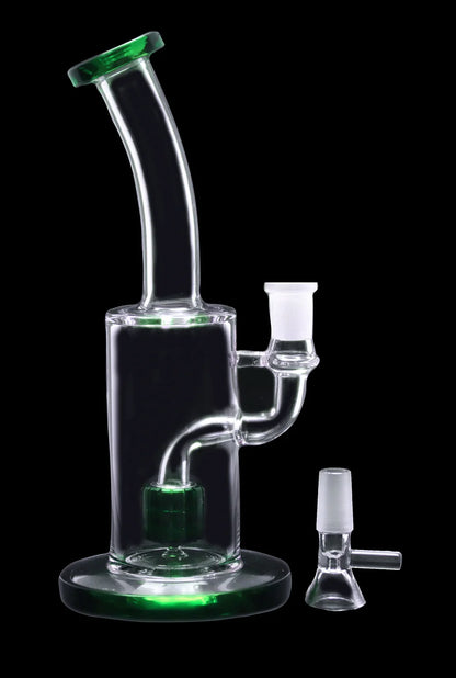 Clear glass bubbler with green accents and detached bowl piece.