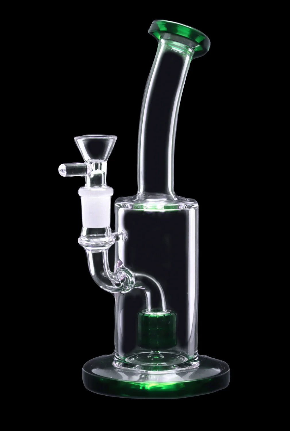Clear glass water pipe (bong) with green accents, isolated on a black background.
