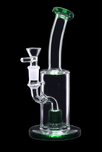 Clear glass water pipe (bong) with green accents, isolated on a black background.