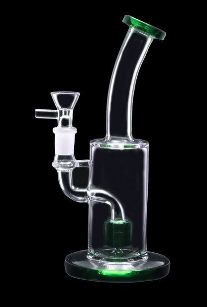 A clear glass water pipe (bong) with green accents, isolated on a black background.