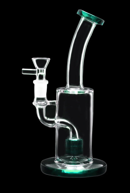 A clear glass water pipe (bong) with green accents, isolated on a black background.