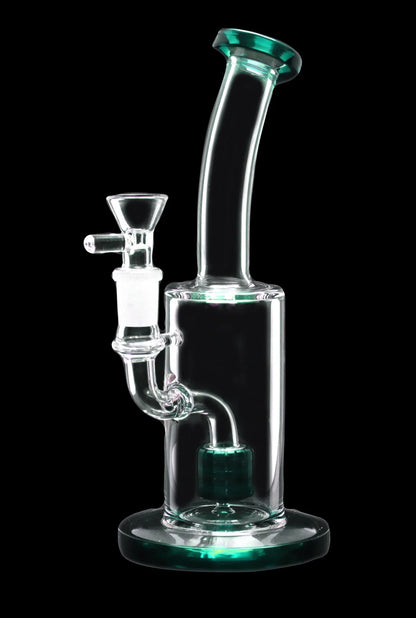 Clear glass water pipe (bong) with green accents, isolated on a black background.