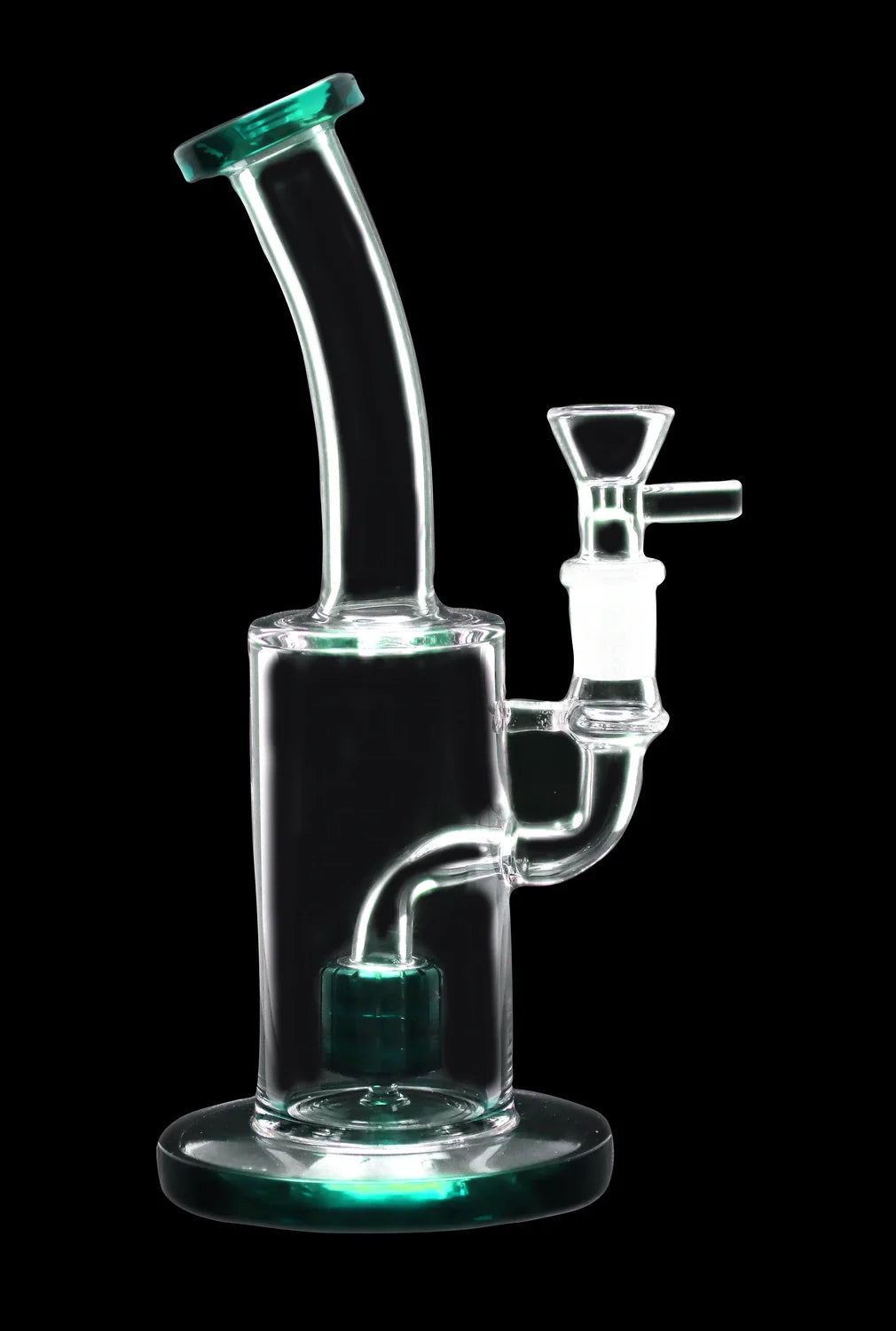 Clear glass bong with green accents, isolated on a black background.