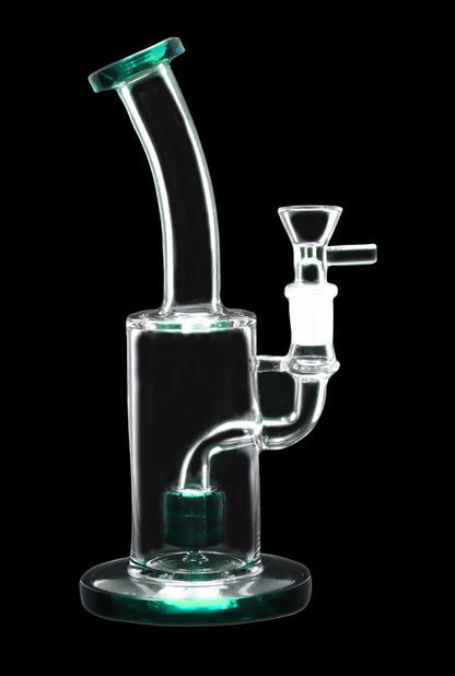 Clear glass bong with green accents, isolated on a black background.