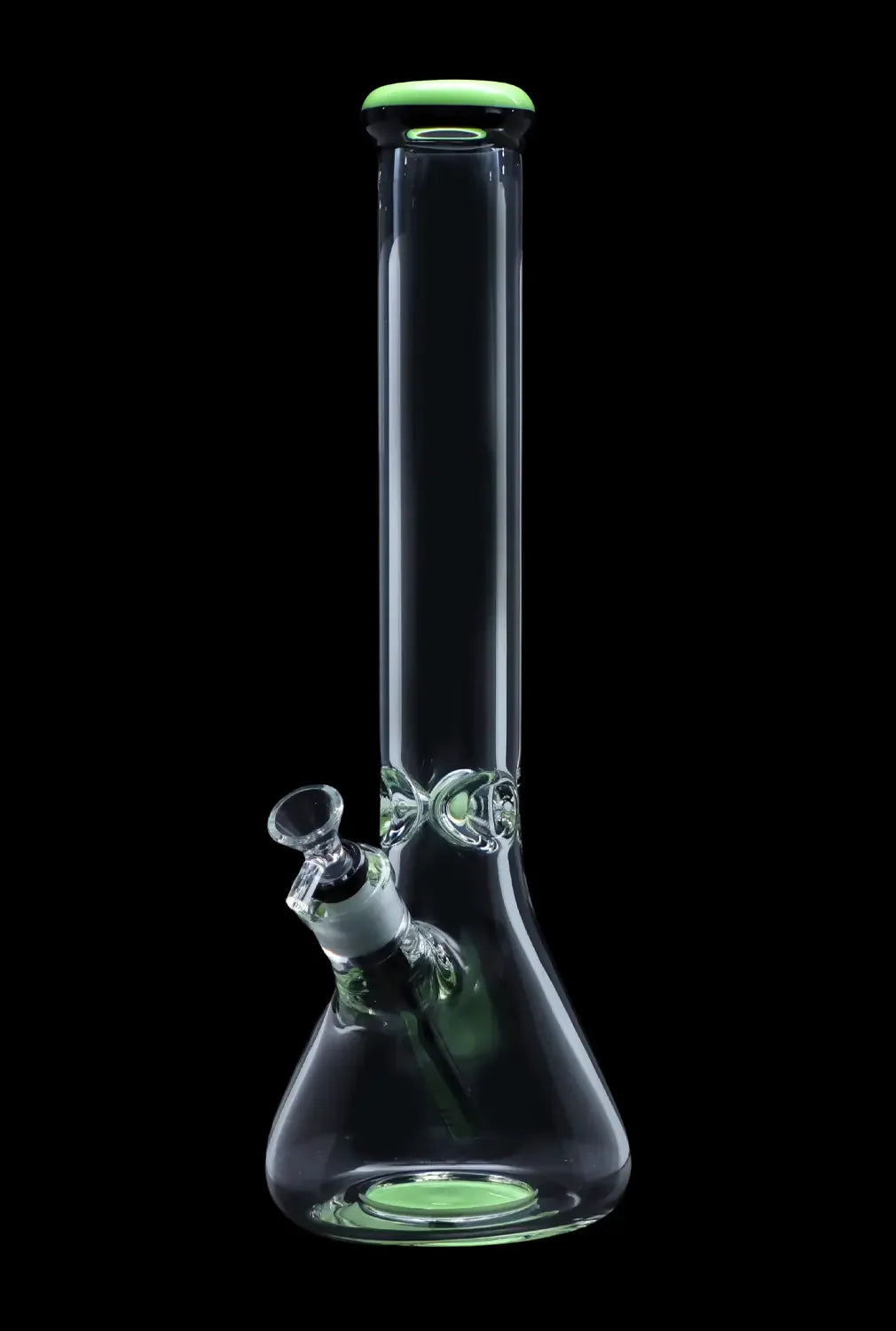 Green-accented glass bong against a black background.